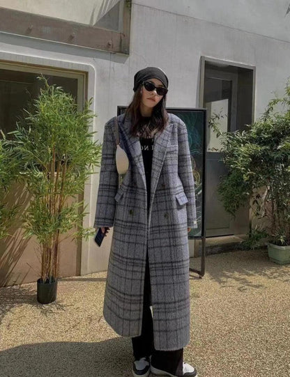 Cheky - Checked Double-sided Wool Coat For Women Long Knee-length