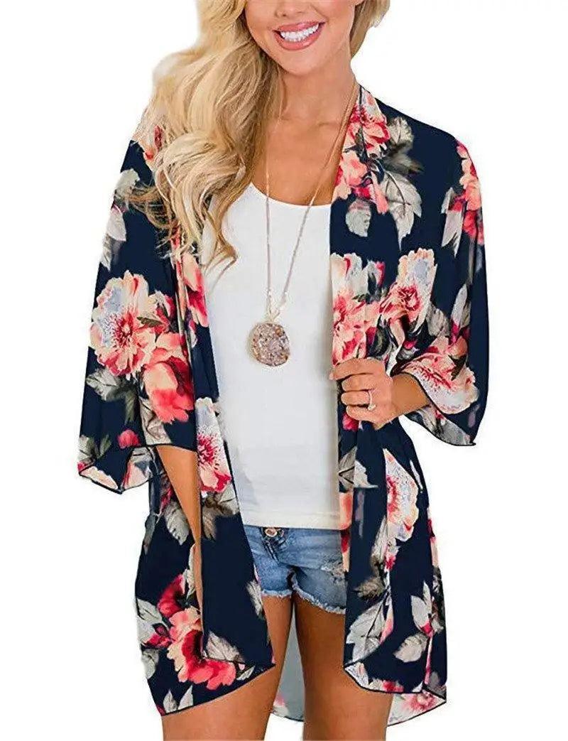 Cheky - Chiffon Printed Cardigan Sunscreen Long Kimono Bikini Blouse