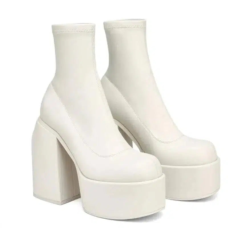 Cheky - Chunky Boots Fashion High Heel Shoes With Side Zipper Women