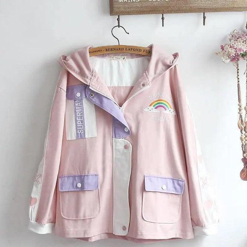 Cheky - Cute Autumn Soft Girl Loose Cardigan Rainbow Embroidery Hood