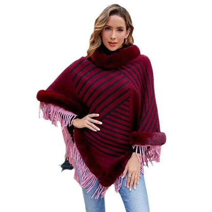 Cheky - Drizzling Fur Collar Pullover Tassel Knitted Cape For Women