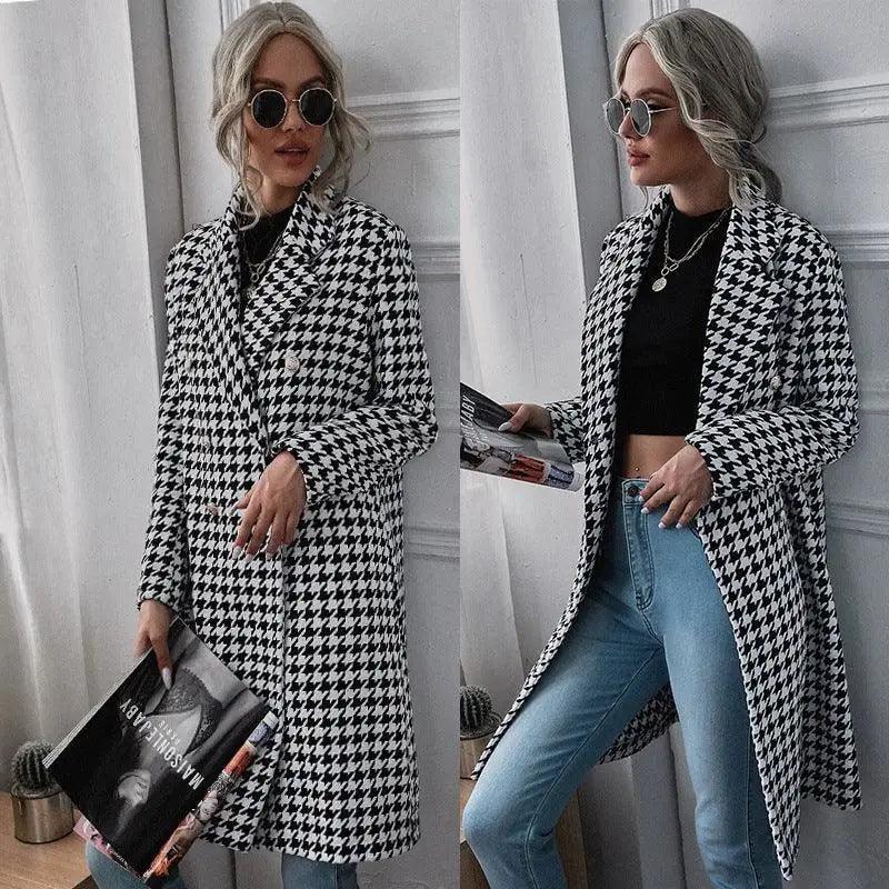 Cheky - Fashion Houndstooth Print Long Woolen Coat