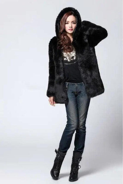 Cheky - Faux fur women's hooded coat mid-length coat