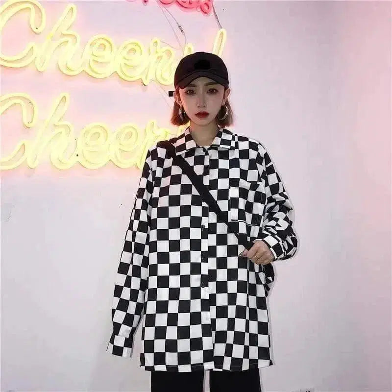 Cheky - Harajuku bf wind retro net red black and white grid loose