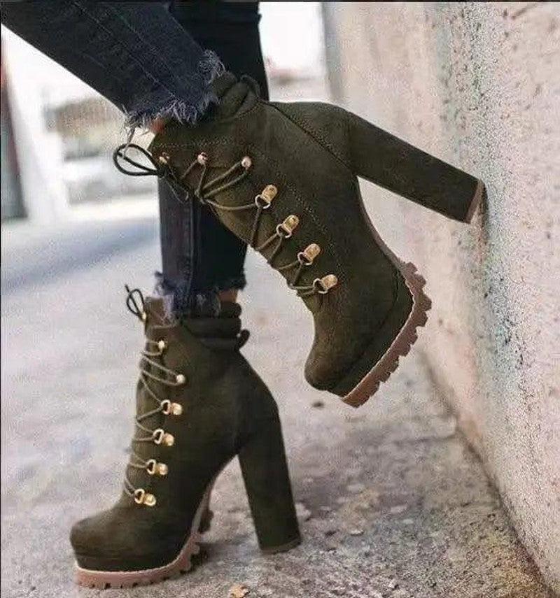 Cheky - Heeled Boots For Women Round Toe Lace UP High Heels Boots