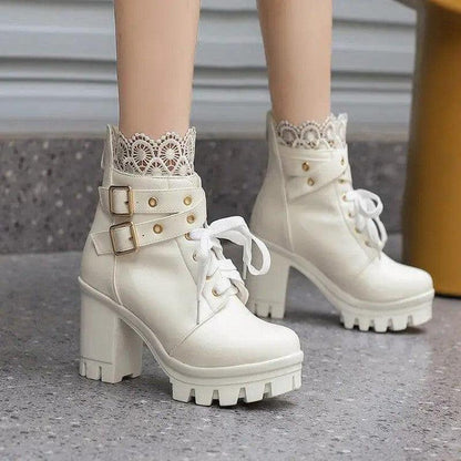 Cheky - Lace Ankle Boots Lace-up Square Heeled Shoes Women White Black Boots