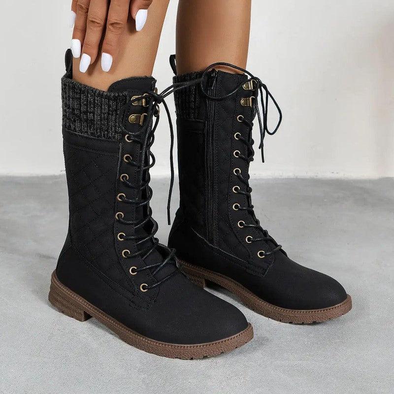 Cheky - Lace Up Boots Winter Cowboy Boots Women Block Heel Round Toe Shoes