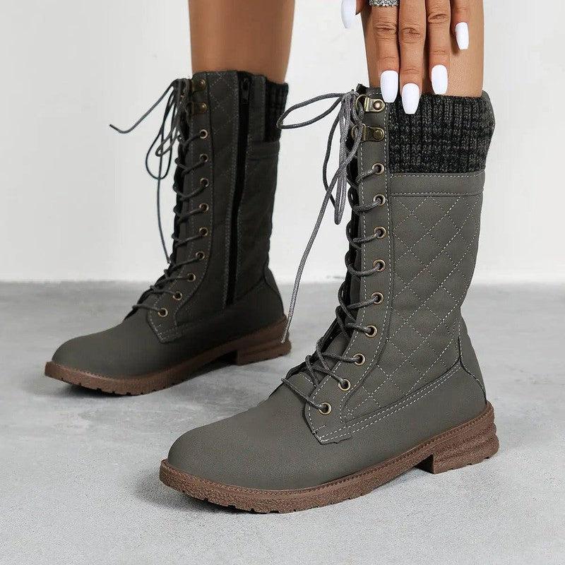 Cheky - Lace Up Boots Winter Cowboy Boots Women Block Heel Round Toe Shoes