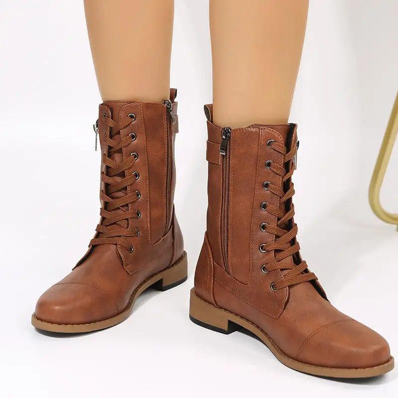 Cheky - Lace-up Western Boots Cowboy Boots Women Side Zipper Shoes