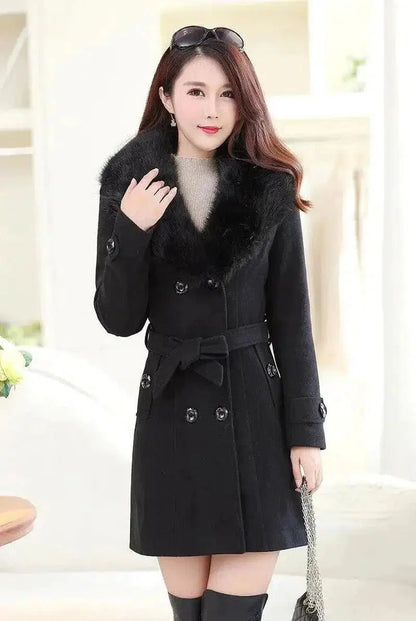 Cheky - Large fur collar woolen coat