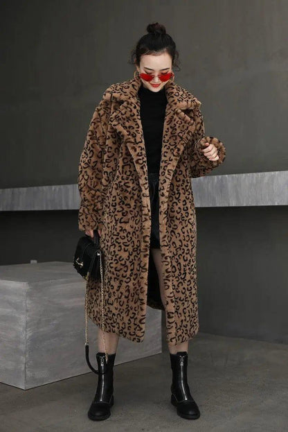 Cheky - Leopard print oversized suit collar fur coat