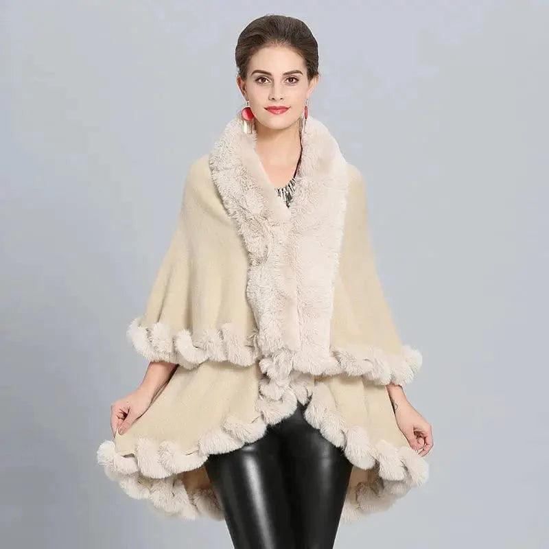 Cheky - Loose Fox Fur Collar Double-layer Knitted Shawl Cloak Coat