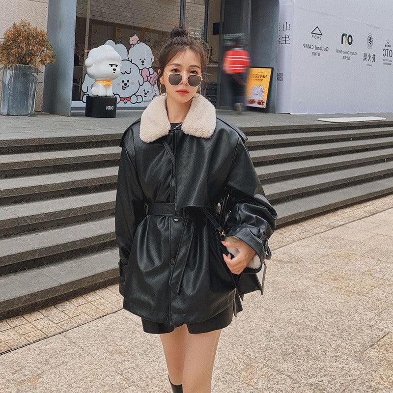 Cheky - Loose Plus Velvet Thickening Small Locomotive PU Cotton Jacket Women