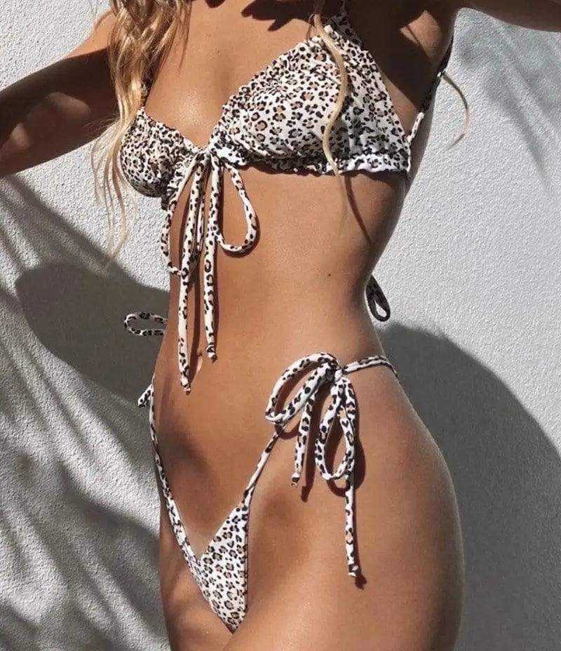 Cheky - Leopard Print Bikini Swimsuit Backless Swimsuit