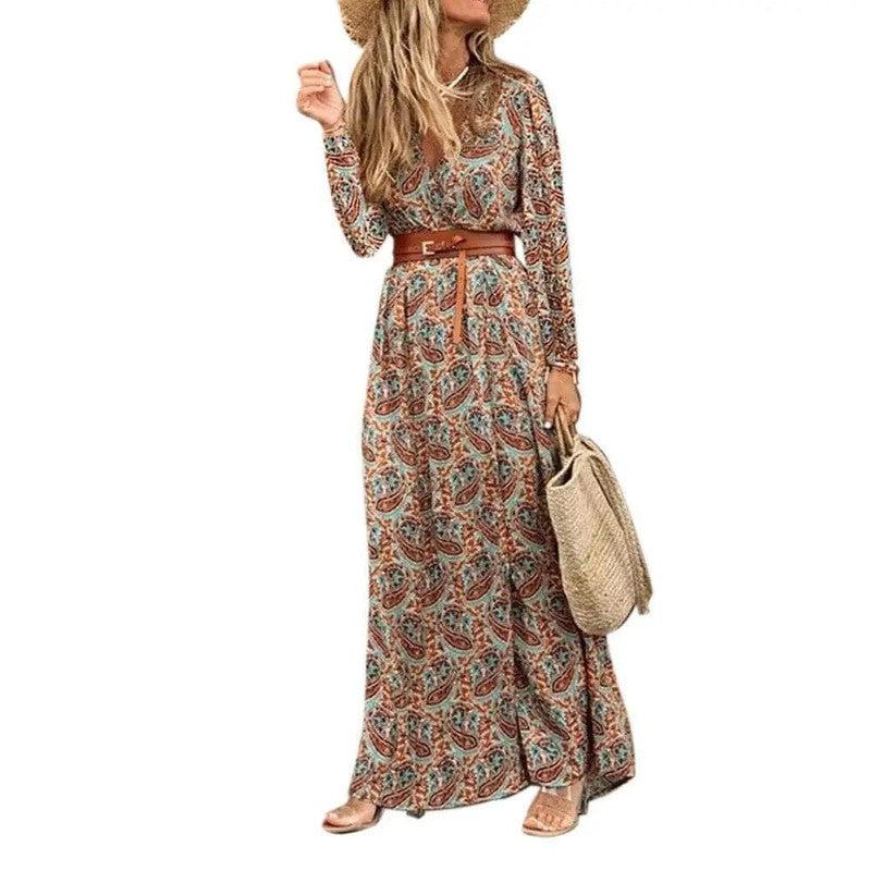 Cheky - Long Sleeve V-Neck Boho Floral Dress