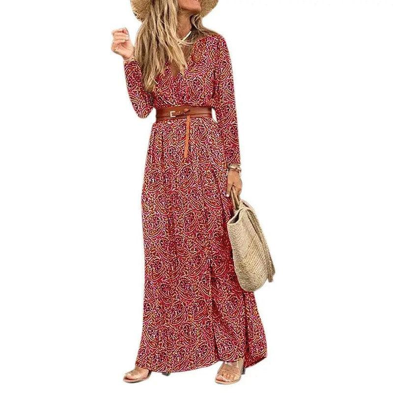 Cheky - Long Sleeve V-Neck Boho Floral Dress