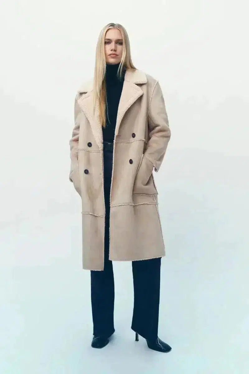 Cheky - Classic Tailored Trench Coat with Sherpa Detailing