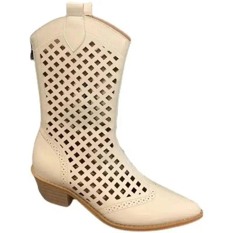 Cheky - Pointed Western Cowboy Boots Women Thin Hollow Knight Thick Heel Net Boots Sandals