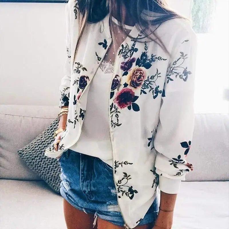 Cheky - Printed round neck zipper long sleeve jacket