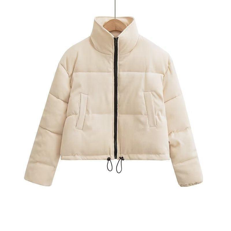 Cheky - Winter Stand Collar Zipper Drawstring Cotton Coat