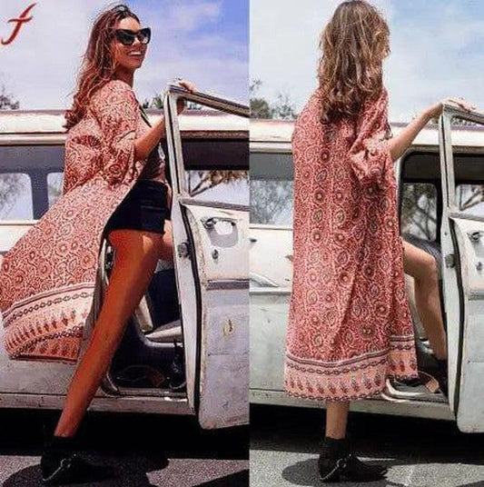 Cheky - Women Beach Long Cardigans Kimono Cover Boho Chiffon Shawl