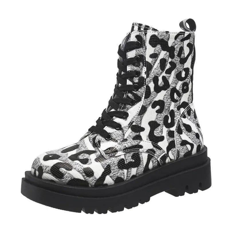 Cheky - Women Martin Boots Black White Leopard Print Low Heel Shoes Cowgirl Boots