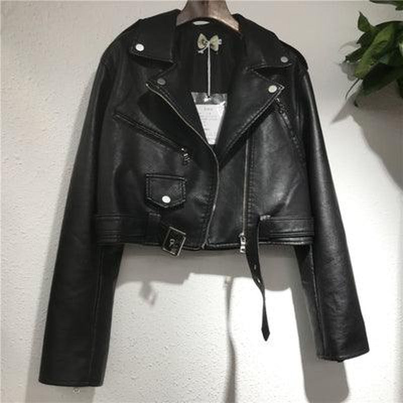 Cheky - Women's Short Lace-up Motorcycle Pu Leather Jacket